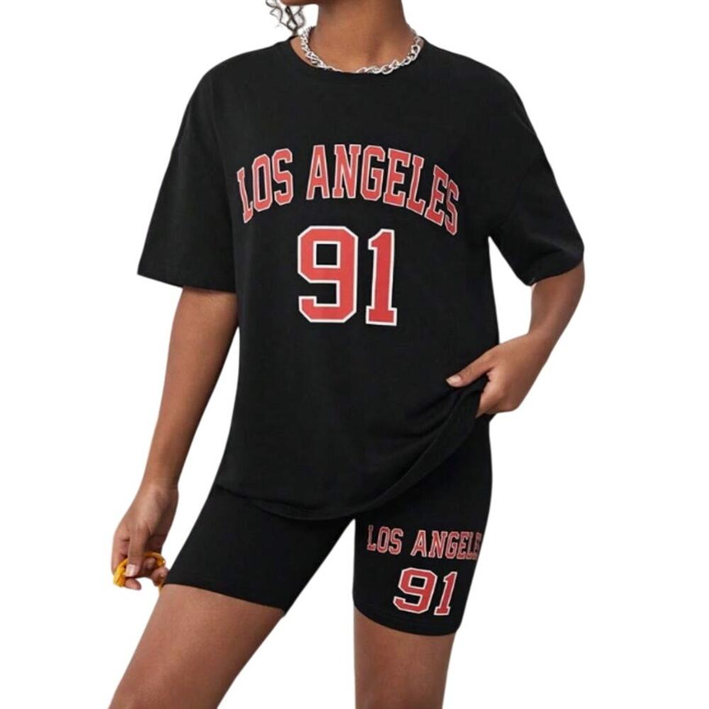 Girls Los Angeles Graphic Drop Shoulder Tee & Biker Shorts in Black, Size 9Y